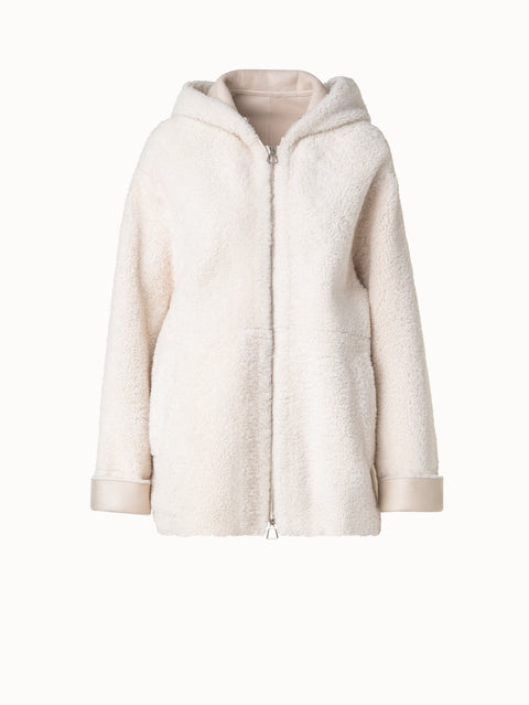 Oversize-Shearling-Lederjacke mit Kapuze