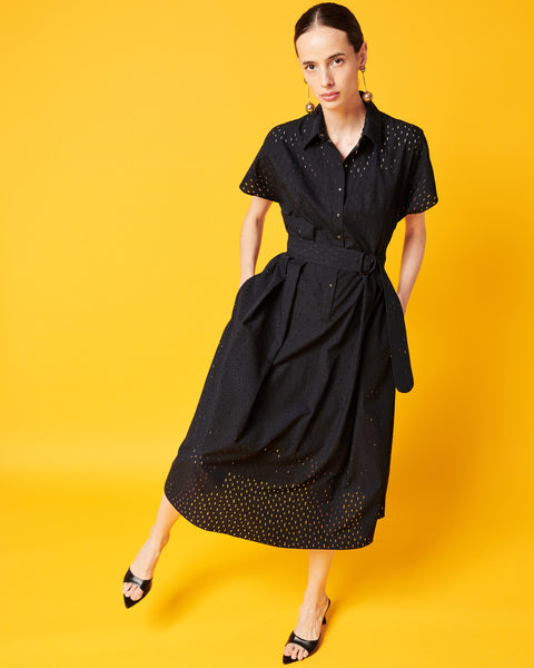 Baumwoll-Midikleid mit Lasercut-Gittermuster
