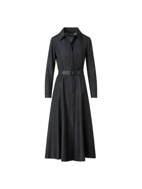 Stretch Cotton Denim Midi Hemd-Kleid mit Gürtel