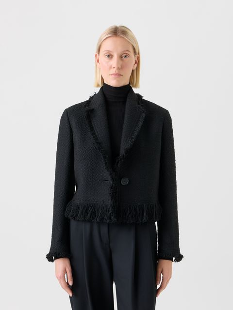 Kurze Bouclé Tweed Jacke mit Fransen