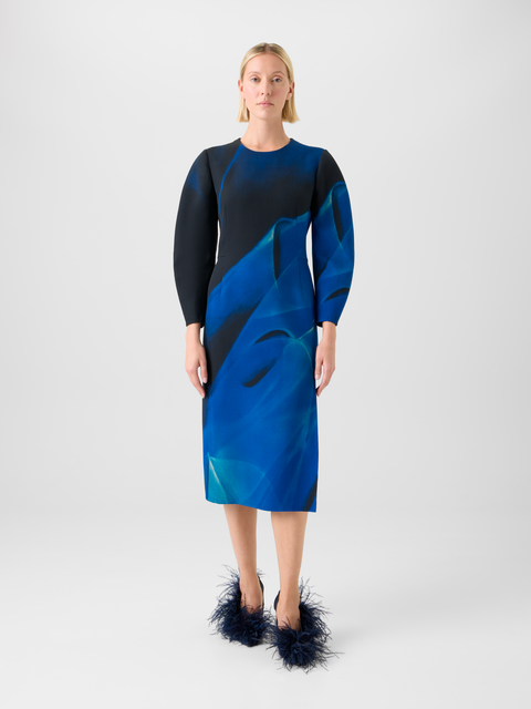 Barrel Sleeve Kleid in Cyanotype Print