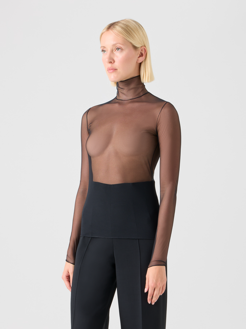 Transparentes Stretch-Tüll-Top mit Stehkragen