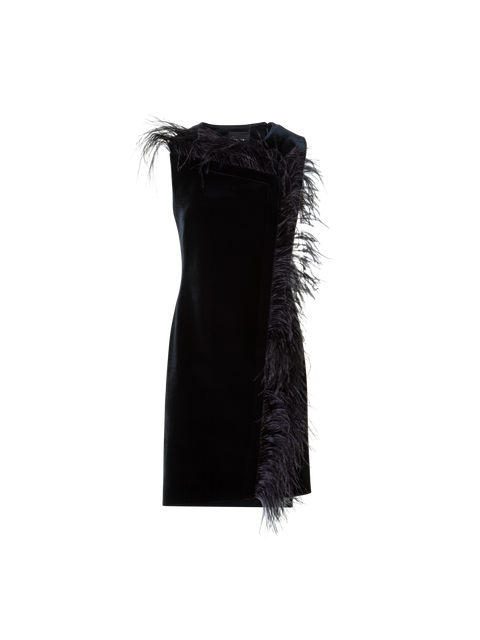 Kurzes Samt Neopren Kleid mit Federbesatz