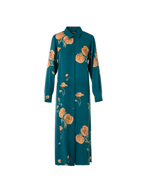 Langes Tunika-Seidenkleid mit Anemone Druck