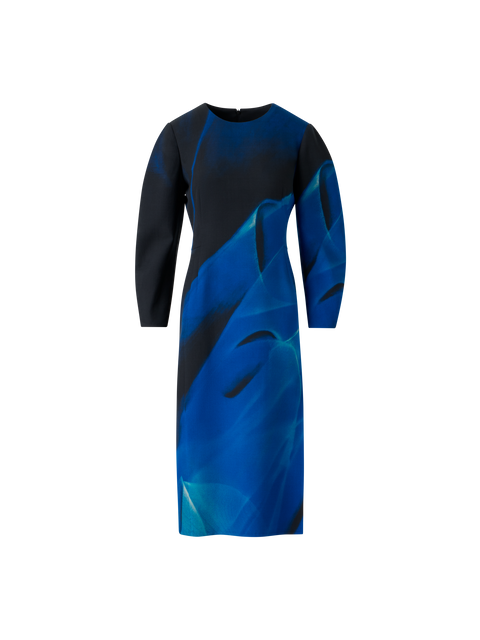 Barrel Sleeve Kleid in Cyanotype Print