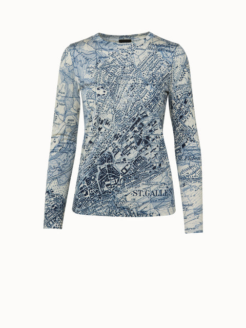 Kaschmir-Seidenjersey Shirt mit St. Galler vintage Landkartendruck
