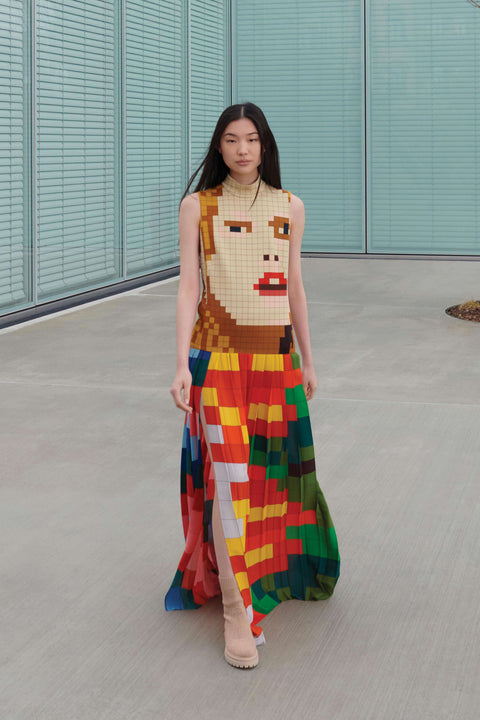 Langes Seidenkleid mit Drei Teile Druck