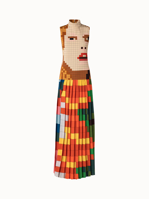 Langes Seidenkleid mit Drei Teile Druck